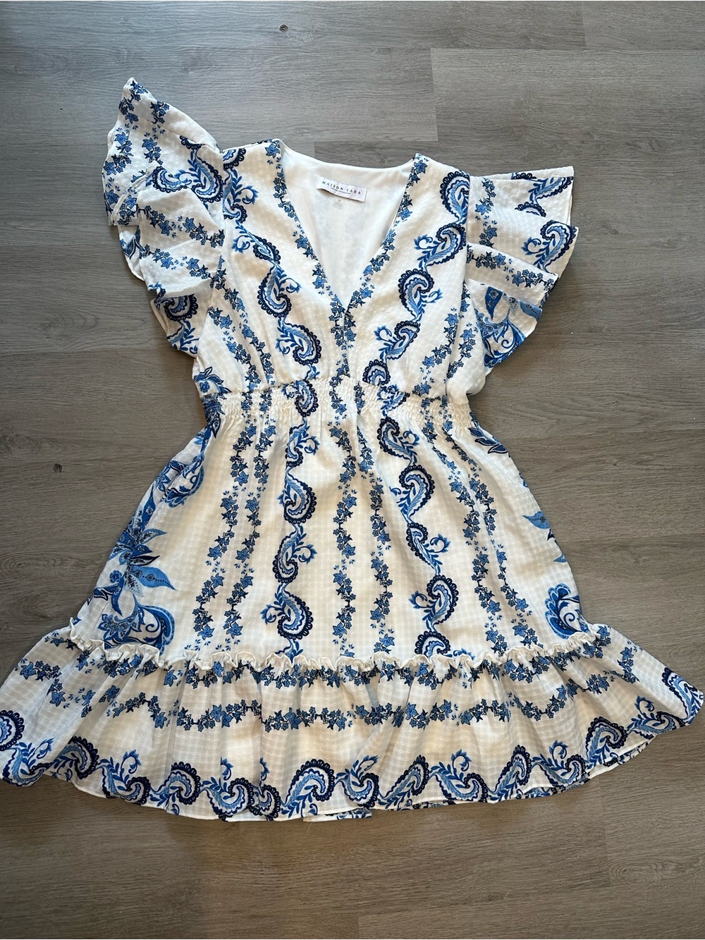 Sz 12 Maison Tara White Dress with Blue Floral Paisley Print